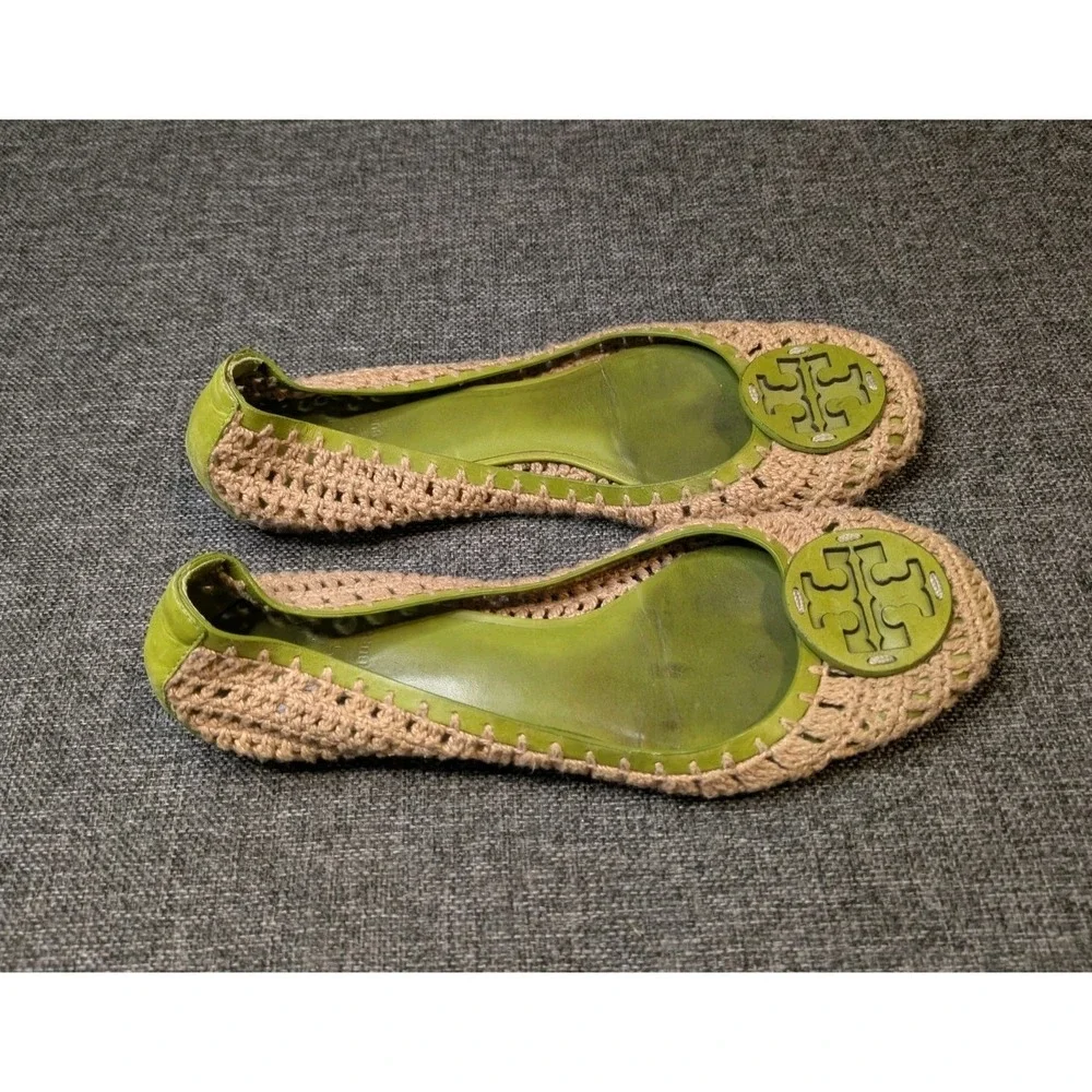 Tory Burch Flats Leather Sole Slip On Shoes Green Beige Knit Women's Size 8M